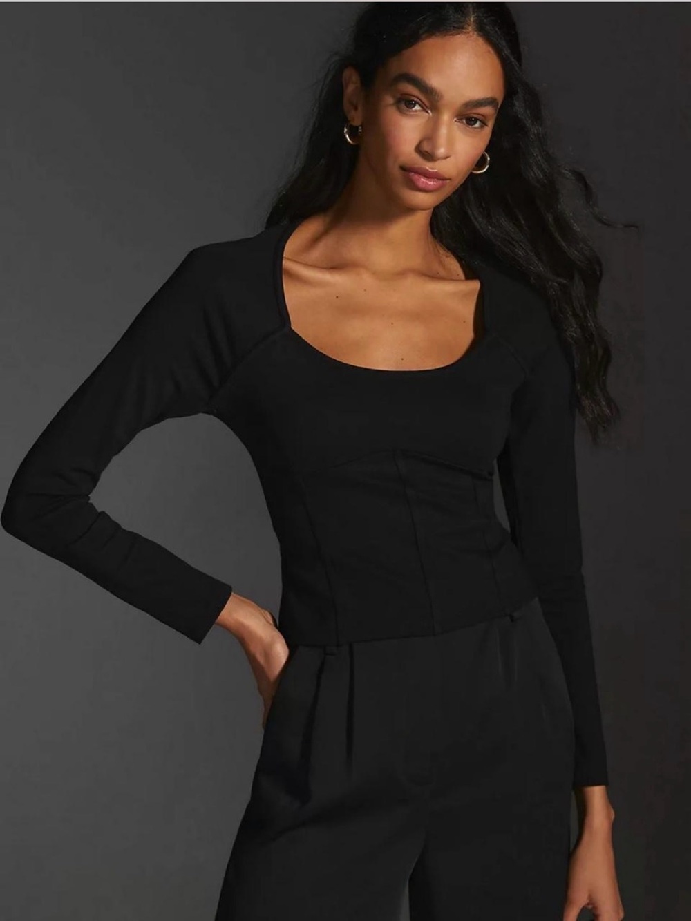 Anthropologie Maeve Black Scoop Neck Long Sleeve Corset Style Top Blouse Womens